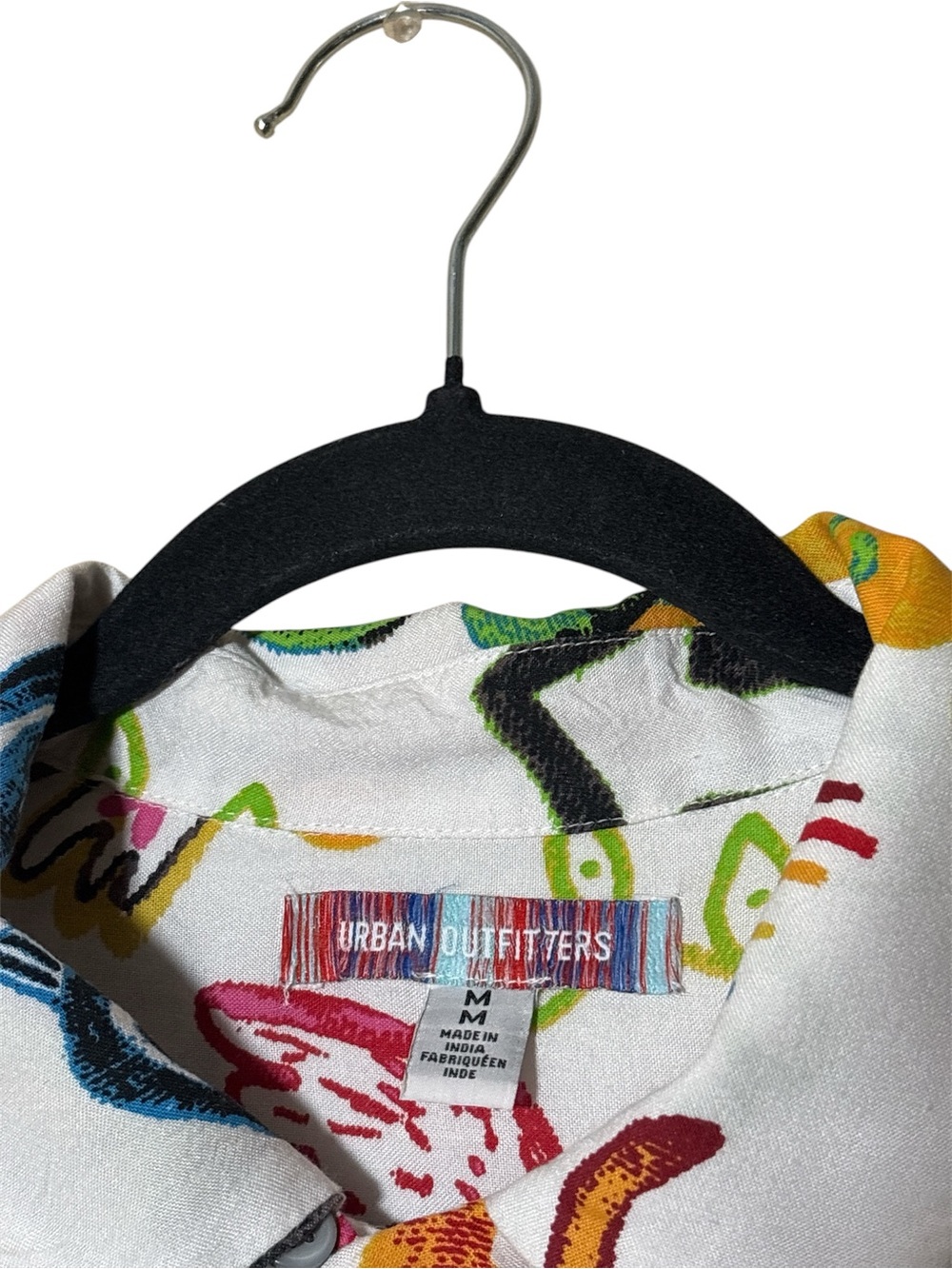 Urban Outfitters White Multicolor Graphic Short-Sleeve Button-Down Shirt,Medium - Picture 2 of 9